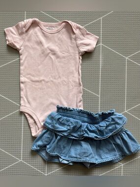 Jumping beans|Baby girl summer set,blush rose bodysuit & denim ruffle skirt•12M